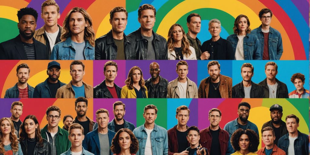 Collage of iconic LGBTQ+ characters from TV shows and movies on a rainbow background, symbolizing visibility in popular culture.