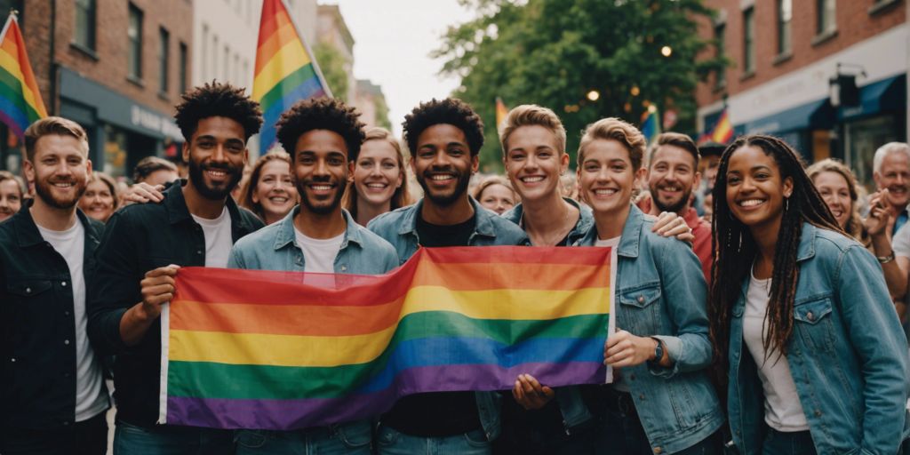 Diverse LGBTQ+ group smiling together with a rainbow flag, symbolizing unity and support in overcoming body image challenges.