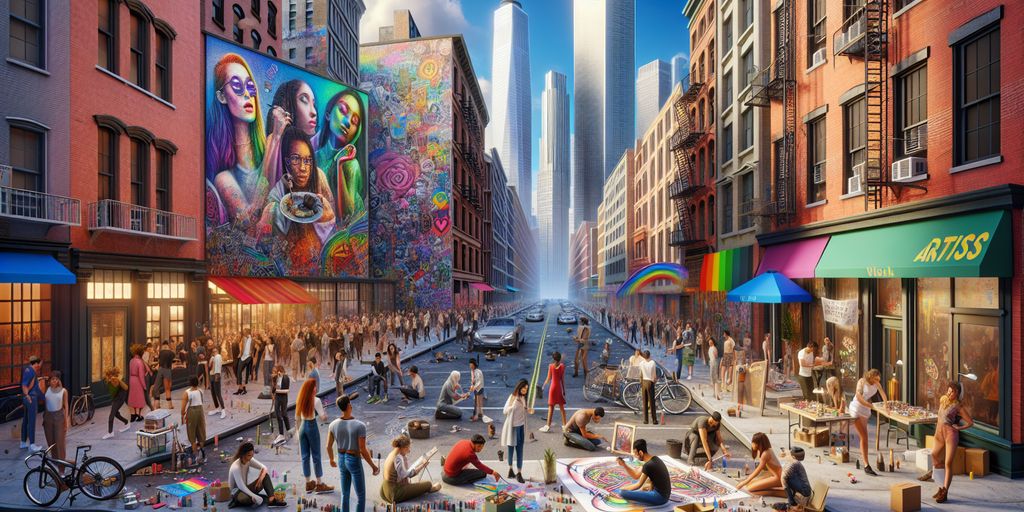 LGBTQ+ artists creating art in a vibrant urban setting